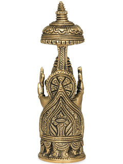 Small brass Ganesha idol with carved umbrella, 5 inches, ornate back medallion