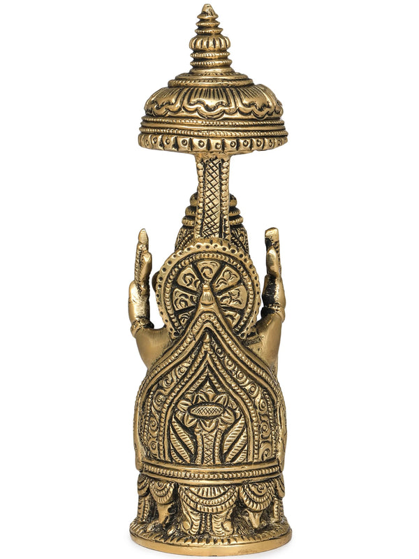 Small Brass Idol of Ganesha with Carved Umbrella 5 inches Study Setting