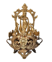 Brass urli with Krishna figurine, ornate diya stand, 15 inch