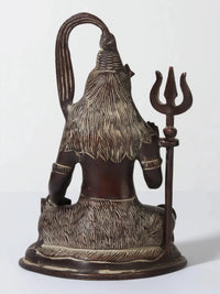 Back view 6-inch brass Lord Shiva idol seated, tall hair styling and trident