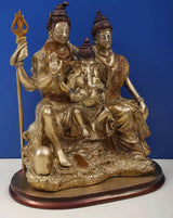 Brass Shiva-Parvati with Ganesha statue, side view, ornate headdresses and elephant