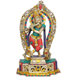 Brass Krishna statue with colorful jeweled aureole, standing on pedestal, 16 inch