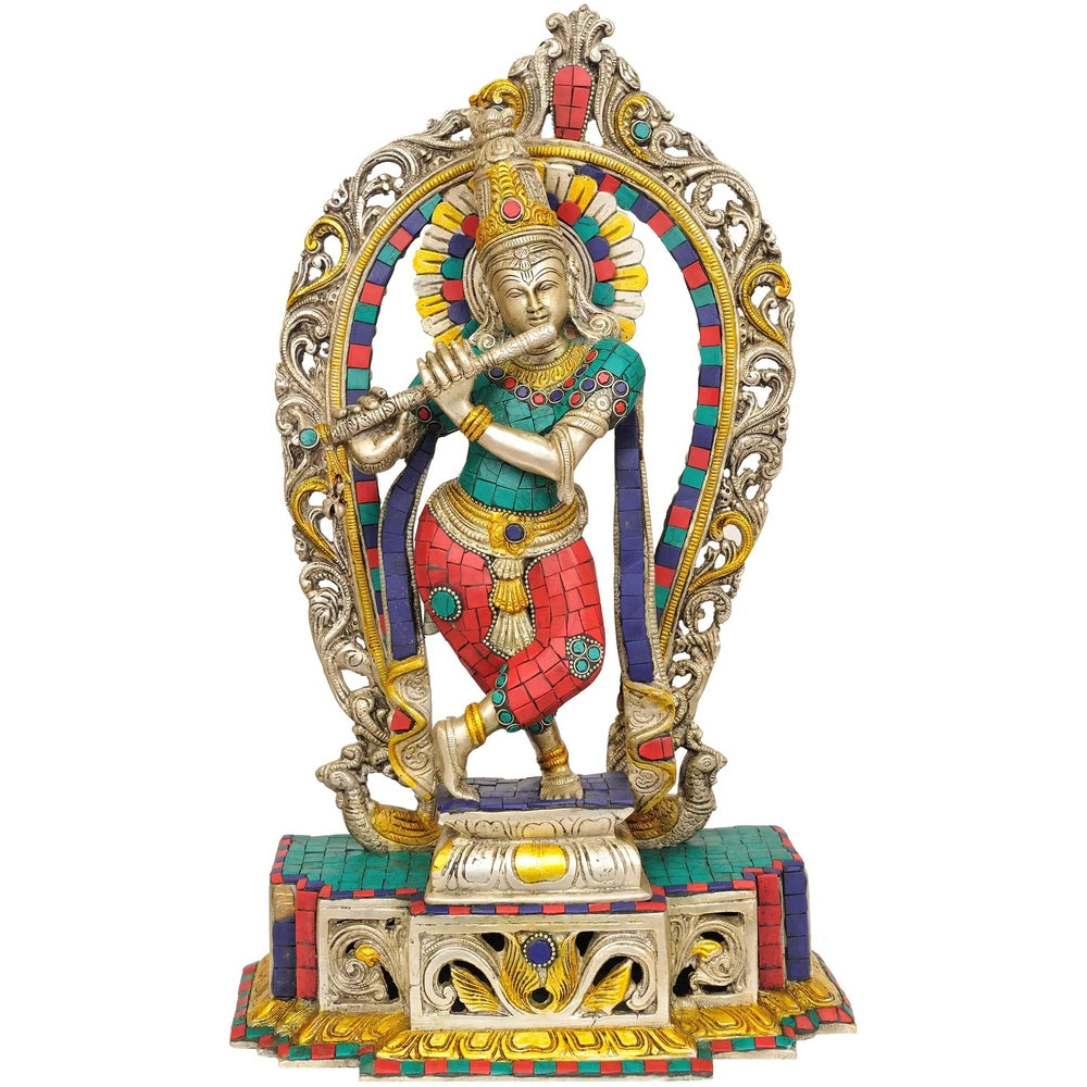 Brass Krishna statue with colorful jeweled aureole, standing on pedestal, 16 inch