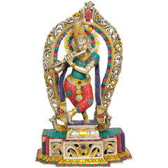 Brass Krishna statue with colorful jeweled aureole, standing on pedestal, 16 inch