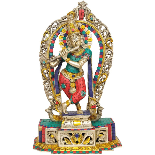Brass Statue of Krishna with an Aureole 16 Inches
