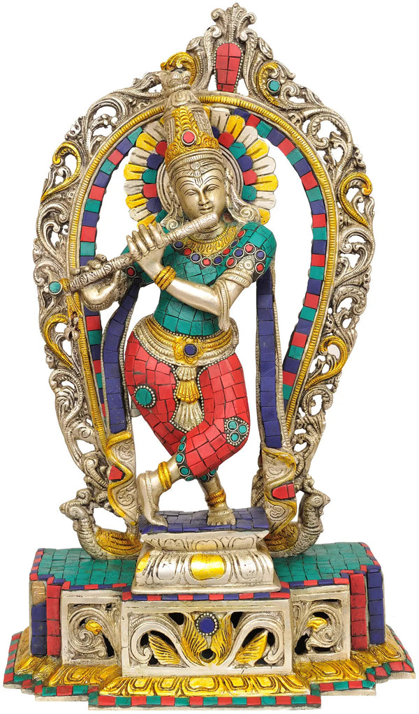 Brass Statue of Krishna with an Aureole 16 Inches