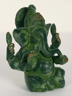 Brass Ganpati Maharaj idol, profile view with elephant face, painted green finish