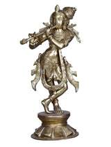 Brass Lord Shri Krishna flute-playing statue, side view with ornate ornaments, 20.5 cm
