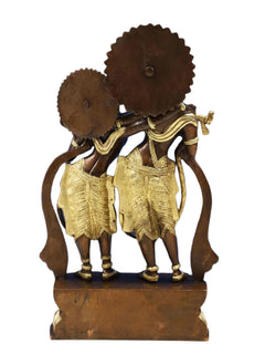 Brass Radha-Krishna sculpture, rear view with detailed posture and flowing drapery