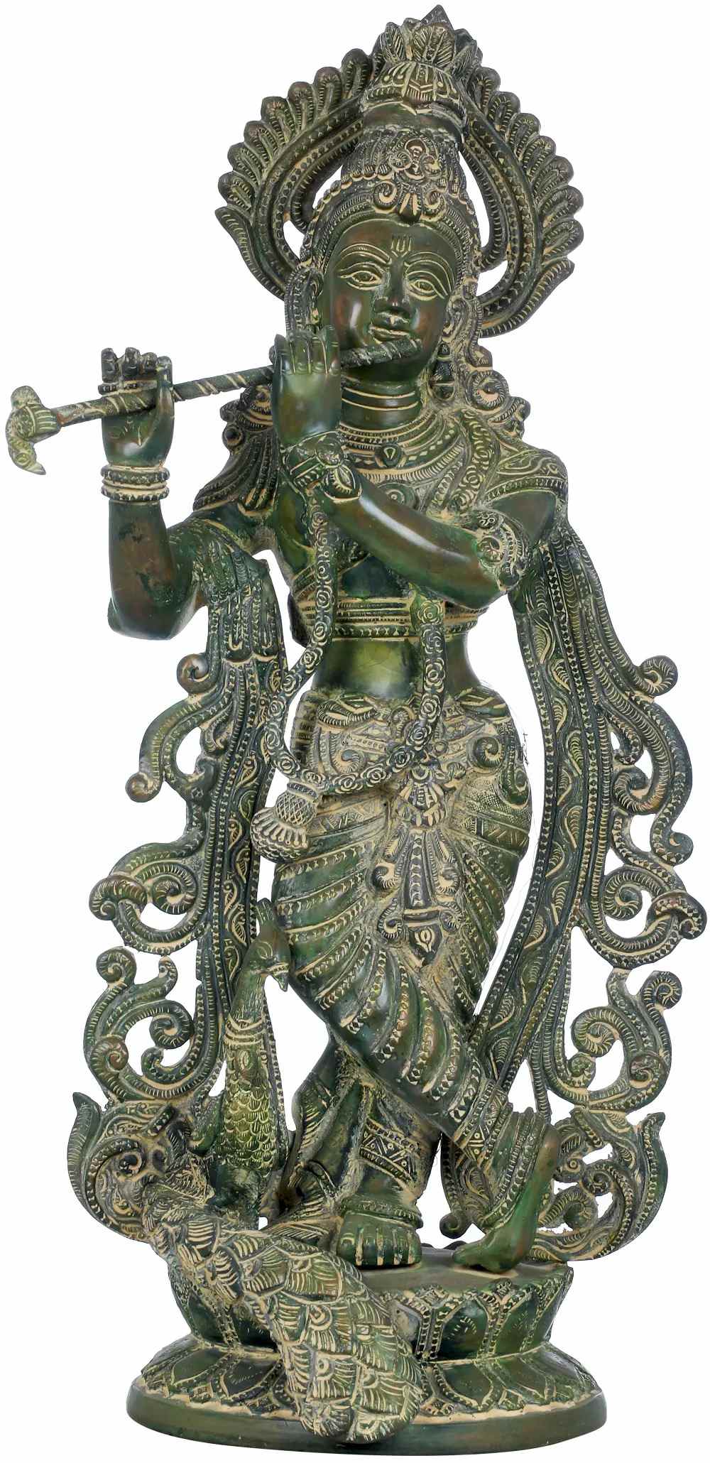 Green Chala Handmade Brass Statue of Fluting Krishna with Peacock 18 inches