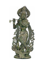 Green brass Krishna statue with flute and peacock detail, 18 inch