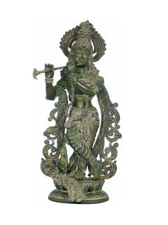 Green brass Krishna statue with flute and peacock detail, 18 inch