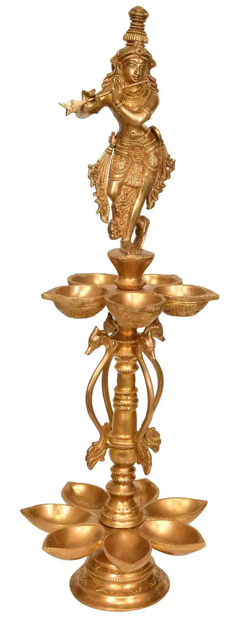 Handmade Brass Lamp of Lord Krishna with Twelve Wicks 21 INCHES.