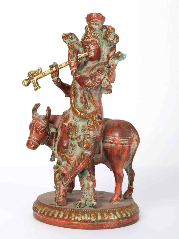 Brass Statue of Lord Krishna Playing Flute with Cow 9 inches