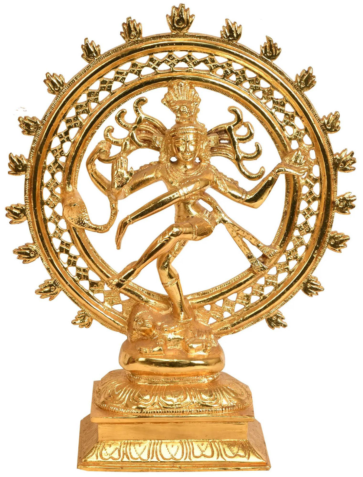 Gold-plated brass Nataraja sculpture: dancing Shiva with circular halo, 11-inch.