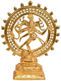 Gold-plated brass Nataraja sculpture: dancing Shiva with circular halo, 11-inch.