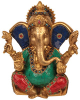 Brass Lord Ganesha statue in blessing pose, large ears, jeweled blue-red details