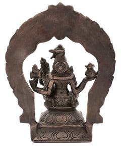 Antique brass Shiva-Parvati idol view from behind on carved arch base throne