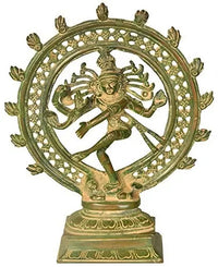 AONA handcraft brass Nataraja (Shiva) idol with patina, framed by circular halo, 9 in