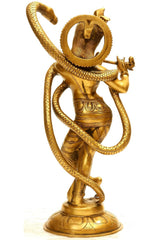Brass statue of Shri Krishna with coiled serpent hood, 15 inch pedestal figure