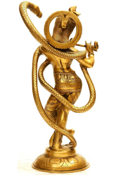 Brass statue of Shri Krishna with coiled serpent hood, 15 inch pedestal figure
