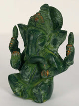 Brass Ganpati Maharaj figurine, side view with arms raised, green painted finish and detailing