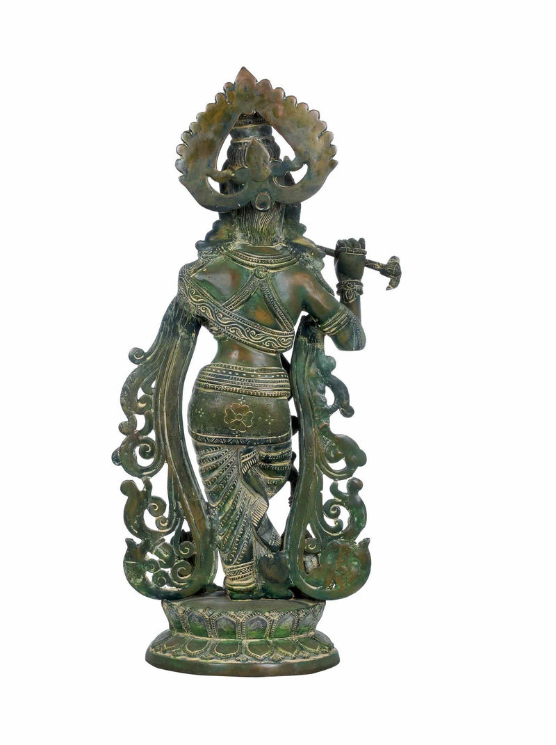 Green Chala Handmade Brass Statue of Fluting Krishna with Peacock 18 inches
