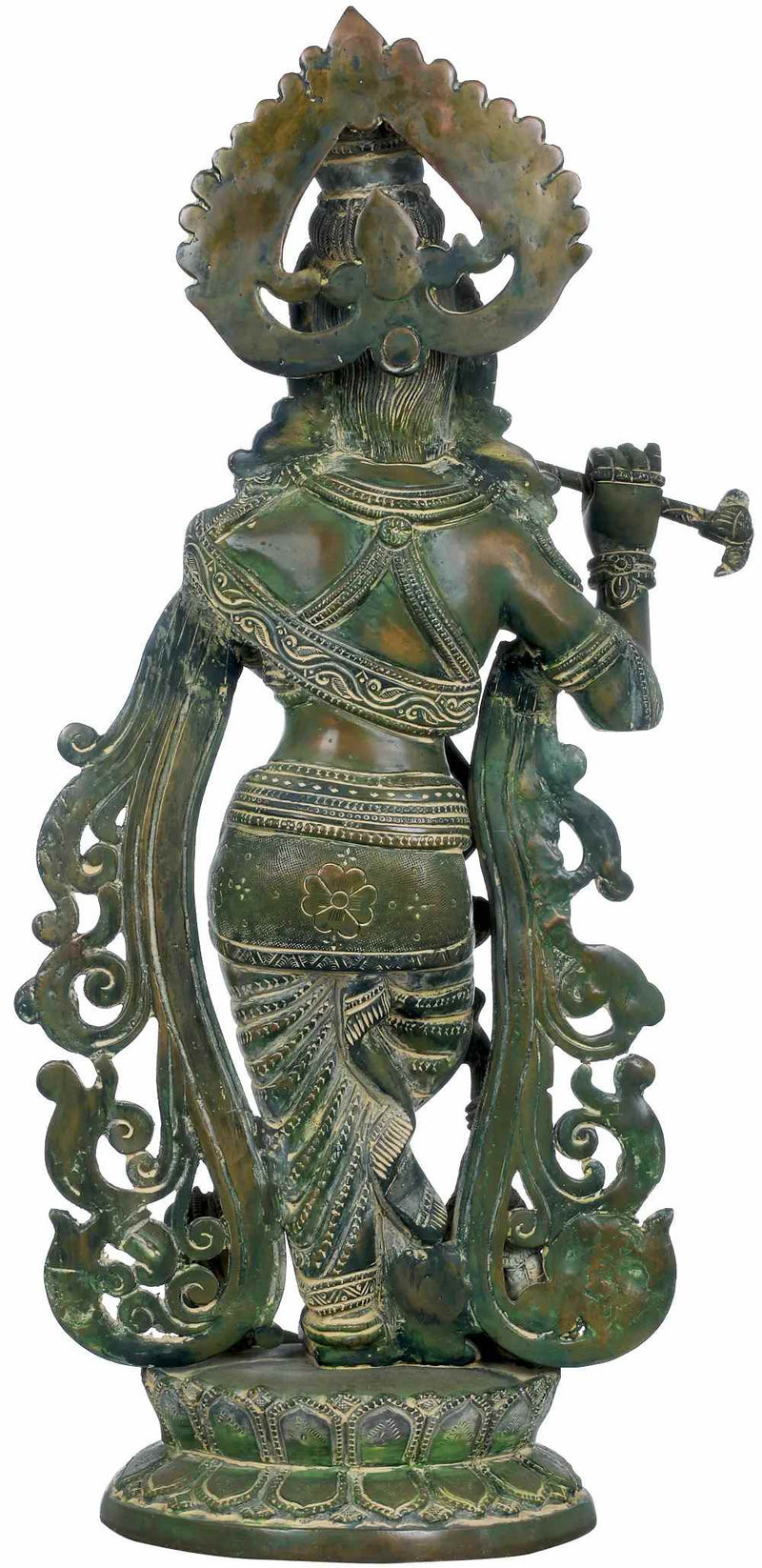 Green Chala Handmade Brass Statue of Fluting Krishna with Peacock 18 inches