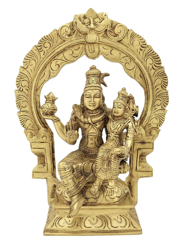 Handmade natural Brass Idol of Lord Shiva and Parvati Seated on Kirtimukha Prabhawali Throne 10 inches