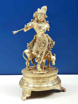 Handcrafted 10" Brass Statue of Venugopala (Krishna Playing Flute with His Cow) 10 Inches