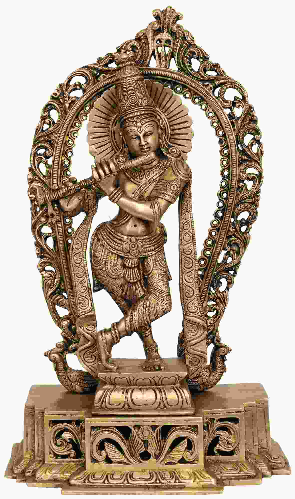 Brass statue of Shri Krishna with flute, ornate arch base and engraved detailing