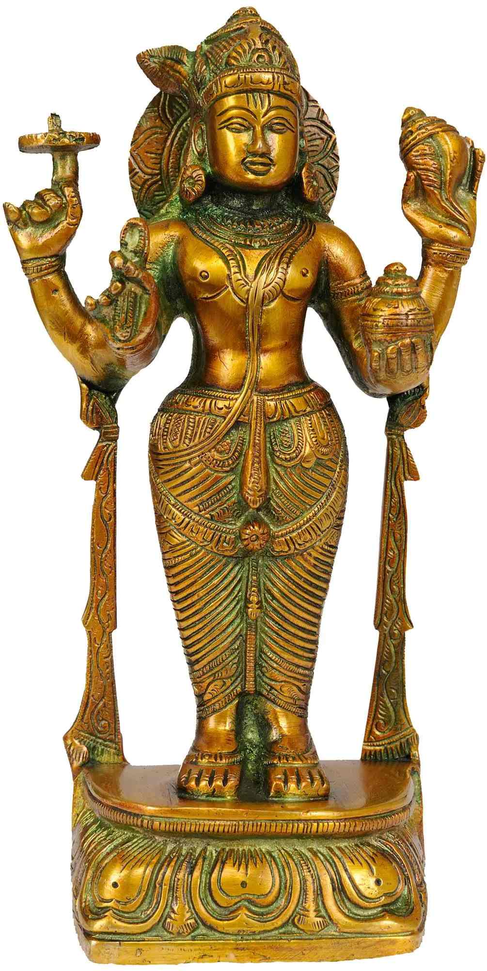 Brass Lord Vishnu as Dhanvantari statue, standing with raised arms and ornate jewelry