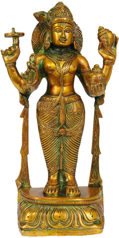 Brass Lord Vishnu as Dhanvantari statue, standing with raised arms and ornate jewelry
