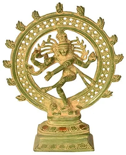 Handcrafted mud green brass Nataraja idol, dancing Shiva with ornate halo
