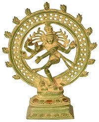 Handcrafted mud green brass Nataraja idol, dancing Shiva with ornate halo