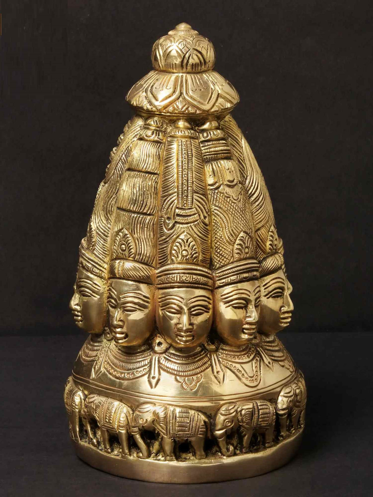 Ten-Faced Mukhalingam natural brass idol with stacked faces, ornate robe, 7 in