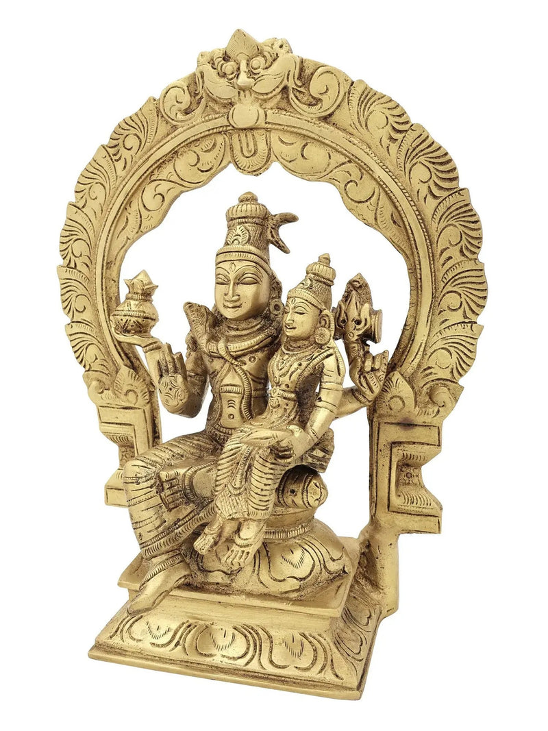 Handmade natural Brass Idol of Lord Shiva and Parvati Seated on Kirtimukha Prabhawali Throne 10 inches