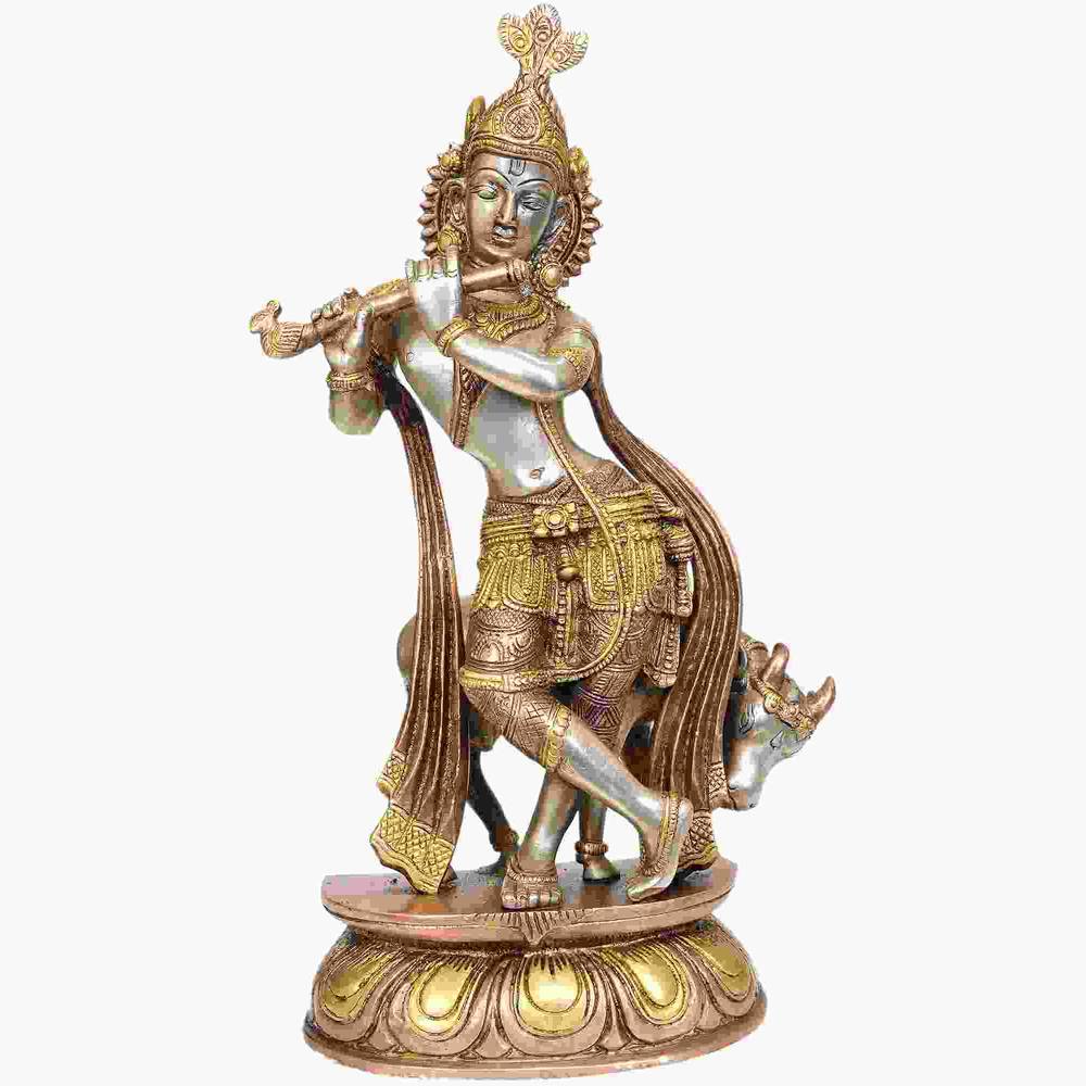 Brass Lord Krishna statue with cow, arms out, ornate gold-toned finish, 14 inches