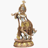 Brass Lord Krishna statue with cow, arms out, ornate gold-toned finish, 14 inches