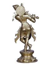 Brass Lord Shri Krishna flute-playing statue, back view showing draped details, 20.5 cm