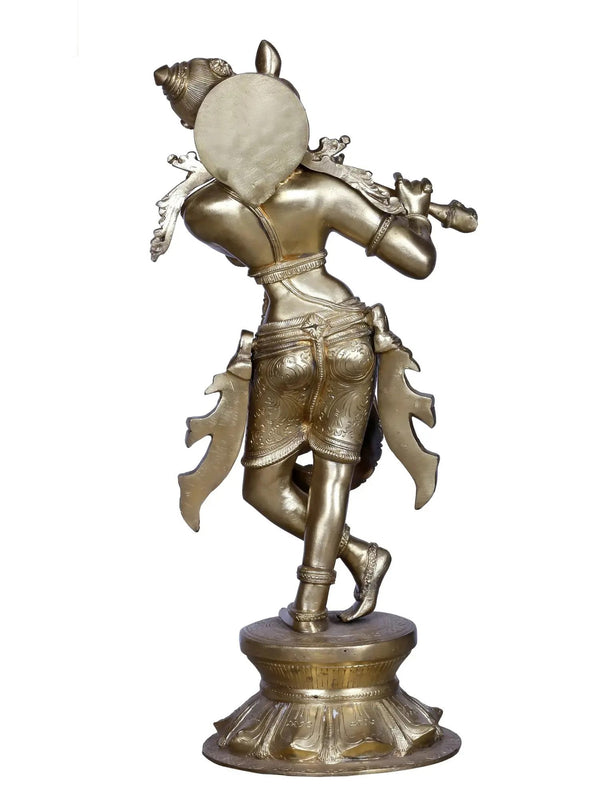 Brass Statue of Lord Shri Krishna Playing the Flute 20.5 cm Study Setting