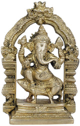 Brass Lord Ganesha idol seated on a mouse with ornate throne, 5 inches