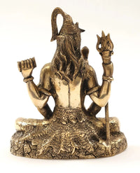 Brass Lord Shiva statue back view, seated with trident and raised hands, dhyana mudra