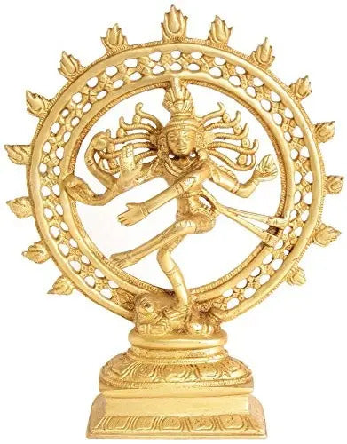 Handcrafted natural brass Shiva Nataraja idol, 9 in, dancing figure with circular halo