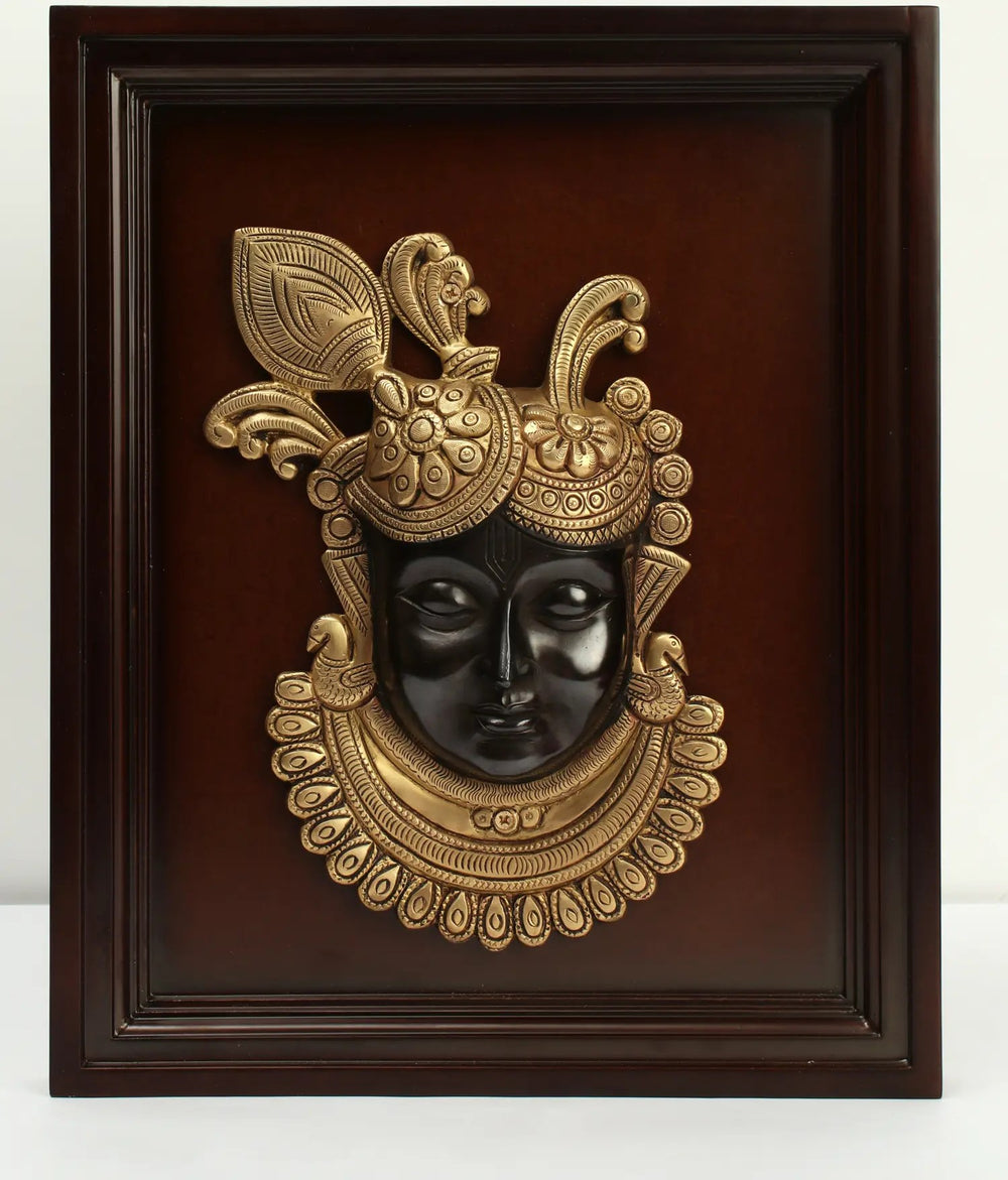 Brass Shrinath Ji Thakur ji Bihari ji Face in Wooden Frame Wall Hanging (Height: 15 inches)