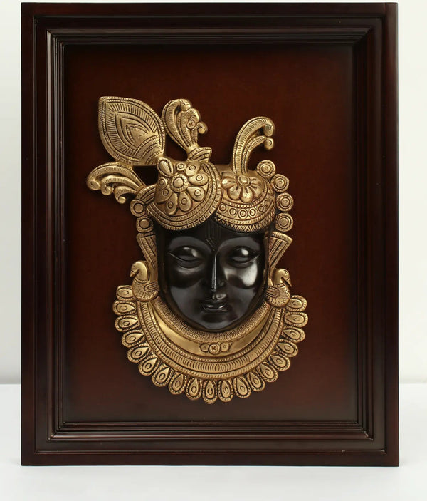 Brass Shrinath Ji Thakur ji Bihari ji Face in Wooden Frame Wall Hanging (Height: 15 inches)