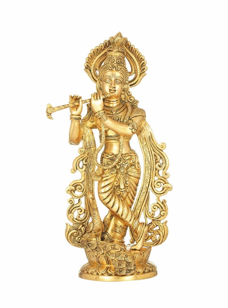 Handmade Natural Brass Statue of Fluting Krishna with Peacock 18 inches