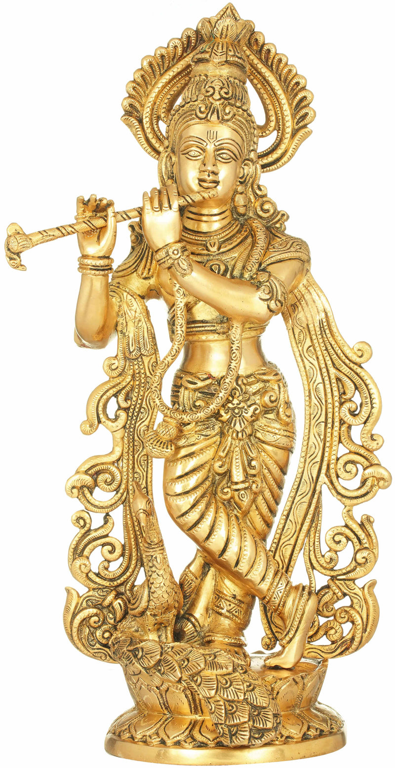 Handmade Natural Brass Statue of Fluting Krishna with Peacock 18 inches