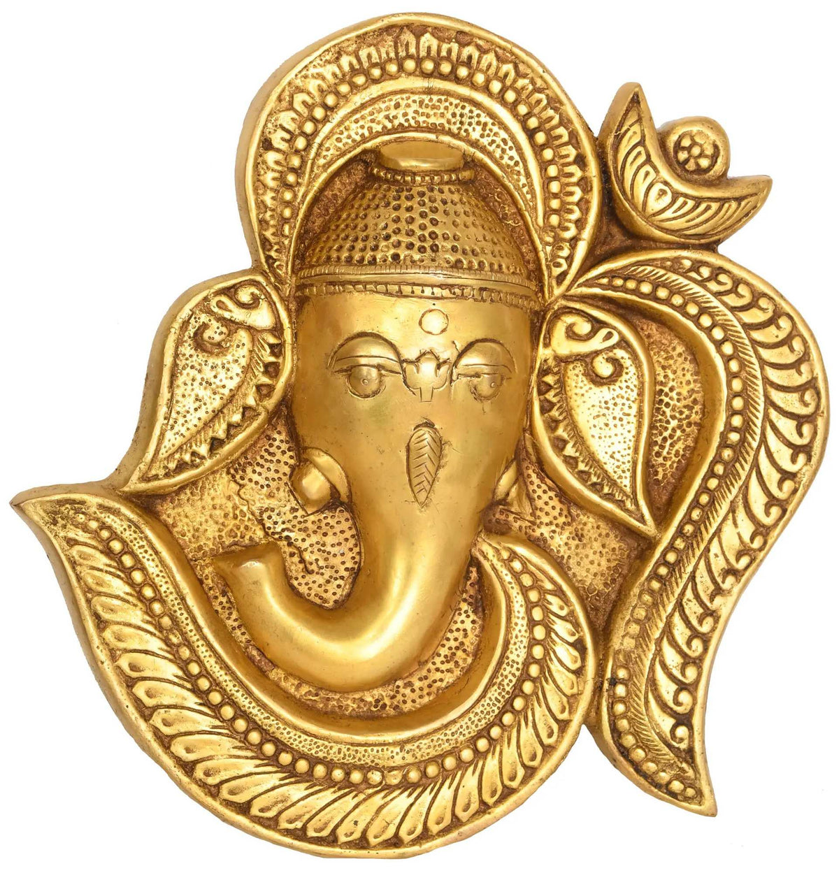 Brass Ganesha wall hanging, 9 in, ornate OM halo and leaf details