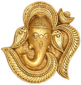 Brass Ganesha wall hanging, 9 in, ornate OM halo and leaf details